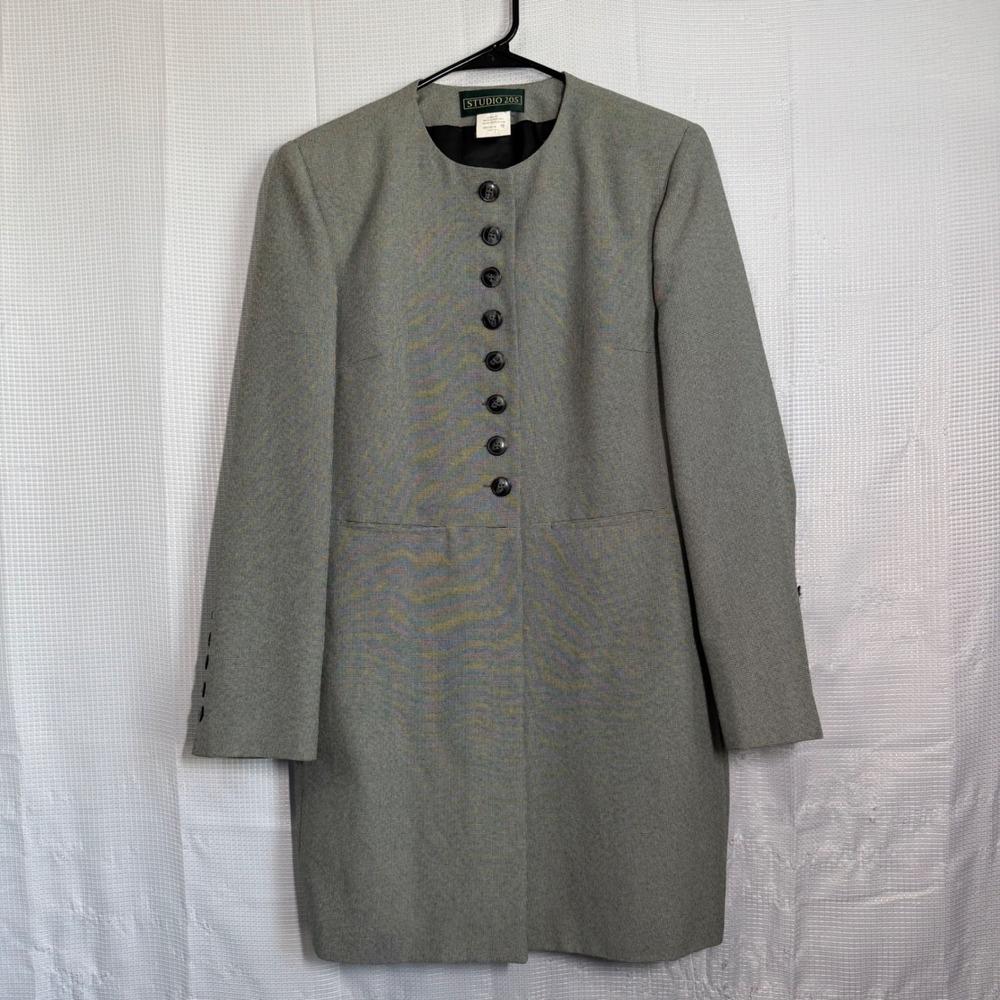 Studio 205 Longline Jacket Gray Micro Check Button Front Collarless Blazer 10